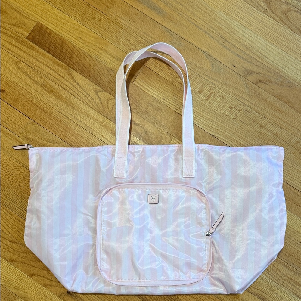 Victoria’s Secret Light Pink Striped Nylon Foldable Tote Bag with Inside Pocket